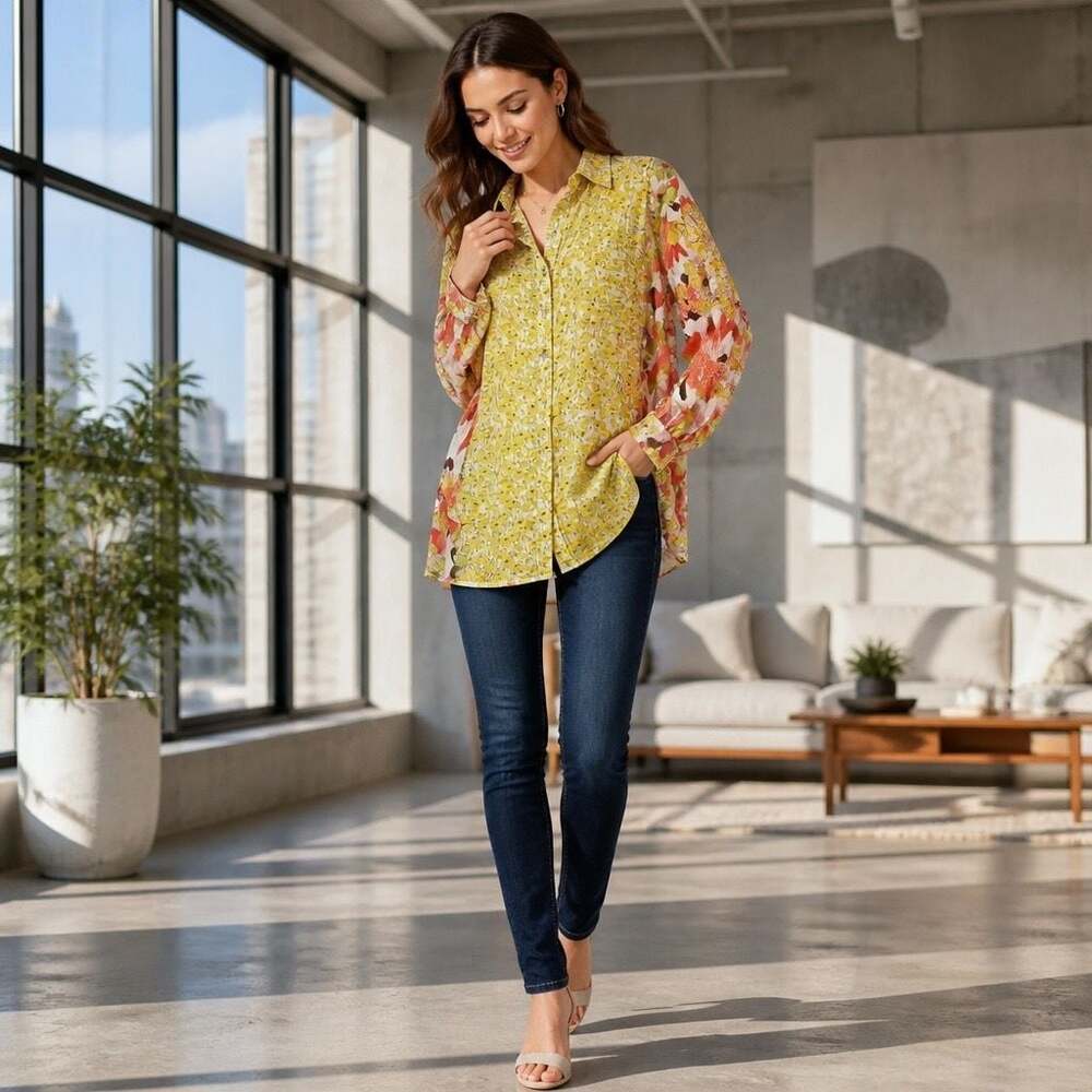 POL Women's S/M Yellow Floral Print Button Down Blouse Shirt SMT2405C